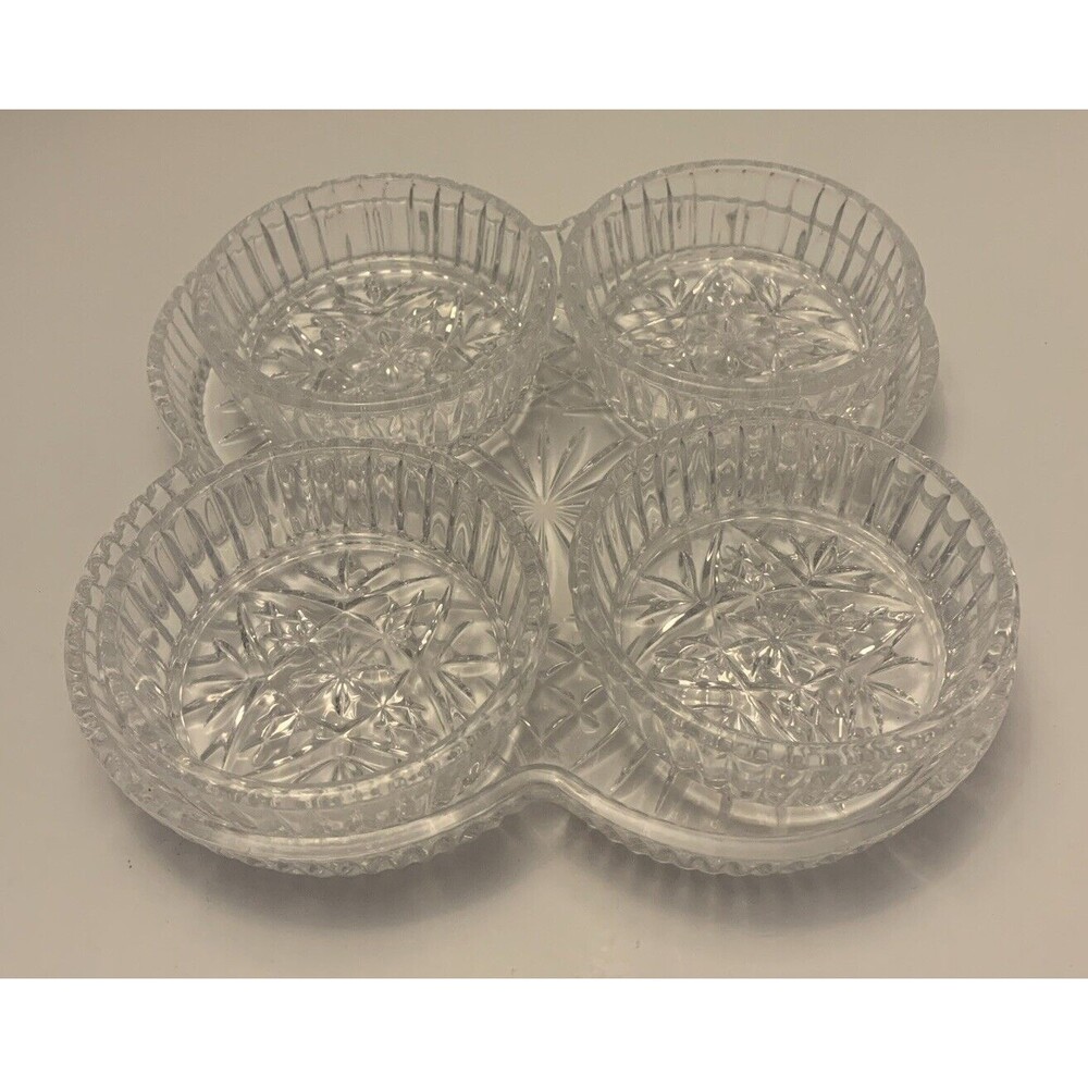 SHANNON CRYSTAL 5 piece serving tray & dip/berry/nuts bowls